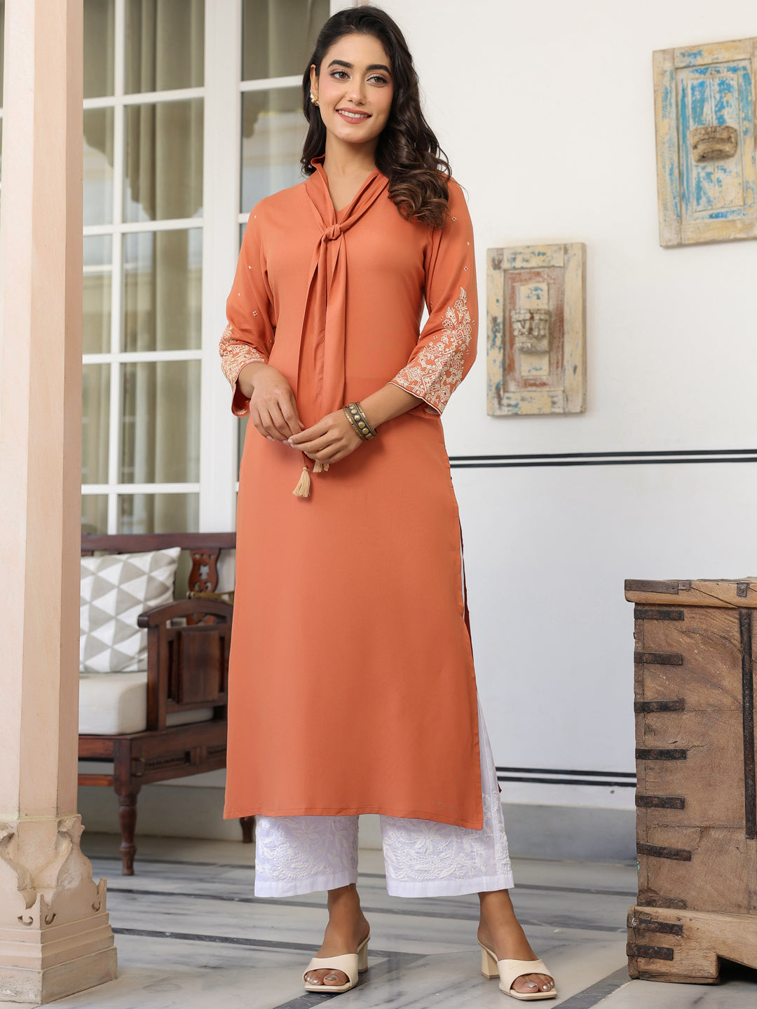 Peach Rayon Solid Straight Kurta