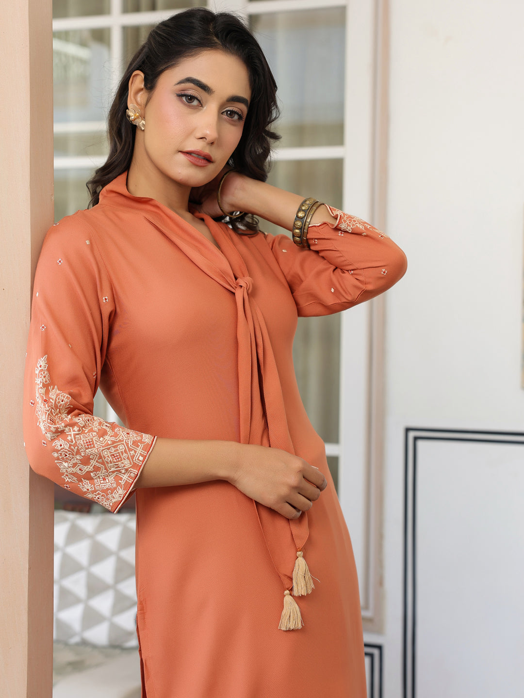 Peach Rayon Solid Straight Kurta