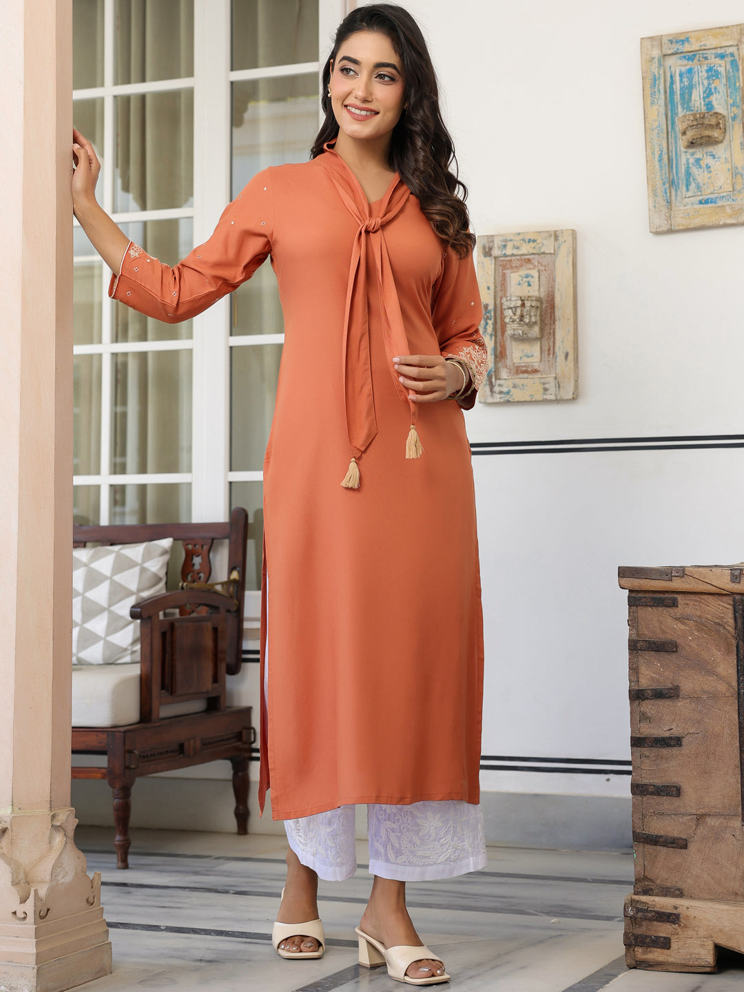 Peach Rayon Solid Straight Kurta