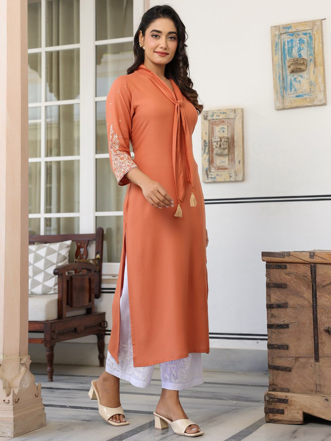 Peach Rayon Solid Straight Kurta