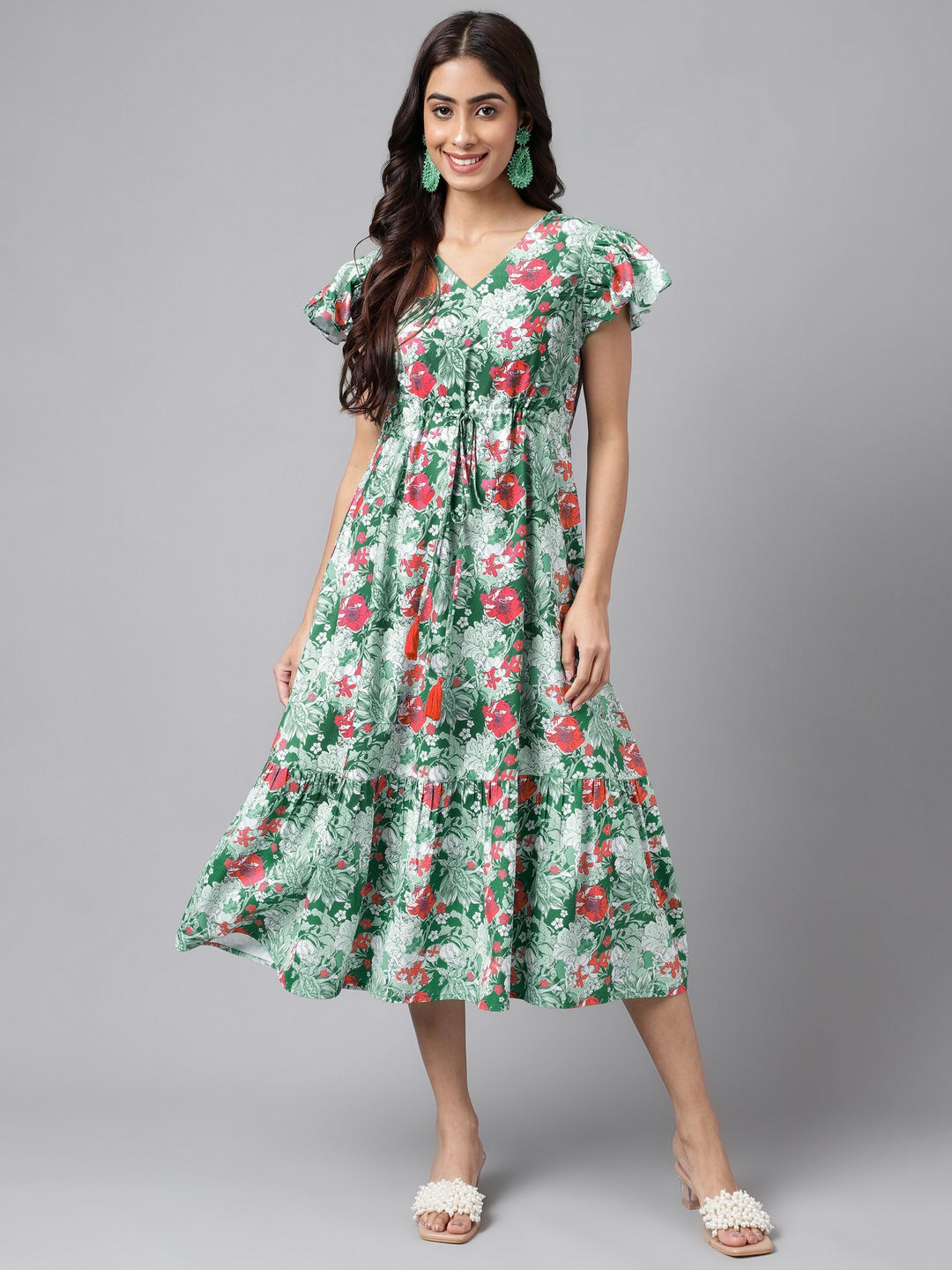 Green Moss Digital Floral Printed A-line Dress