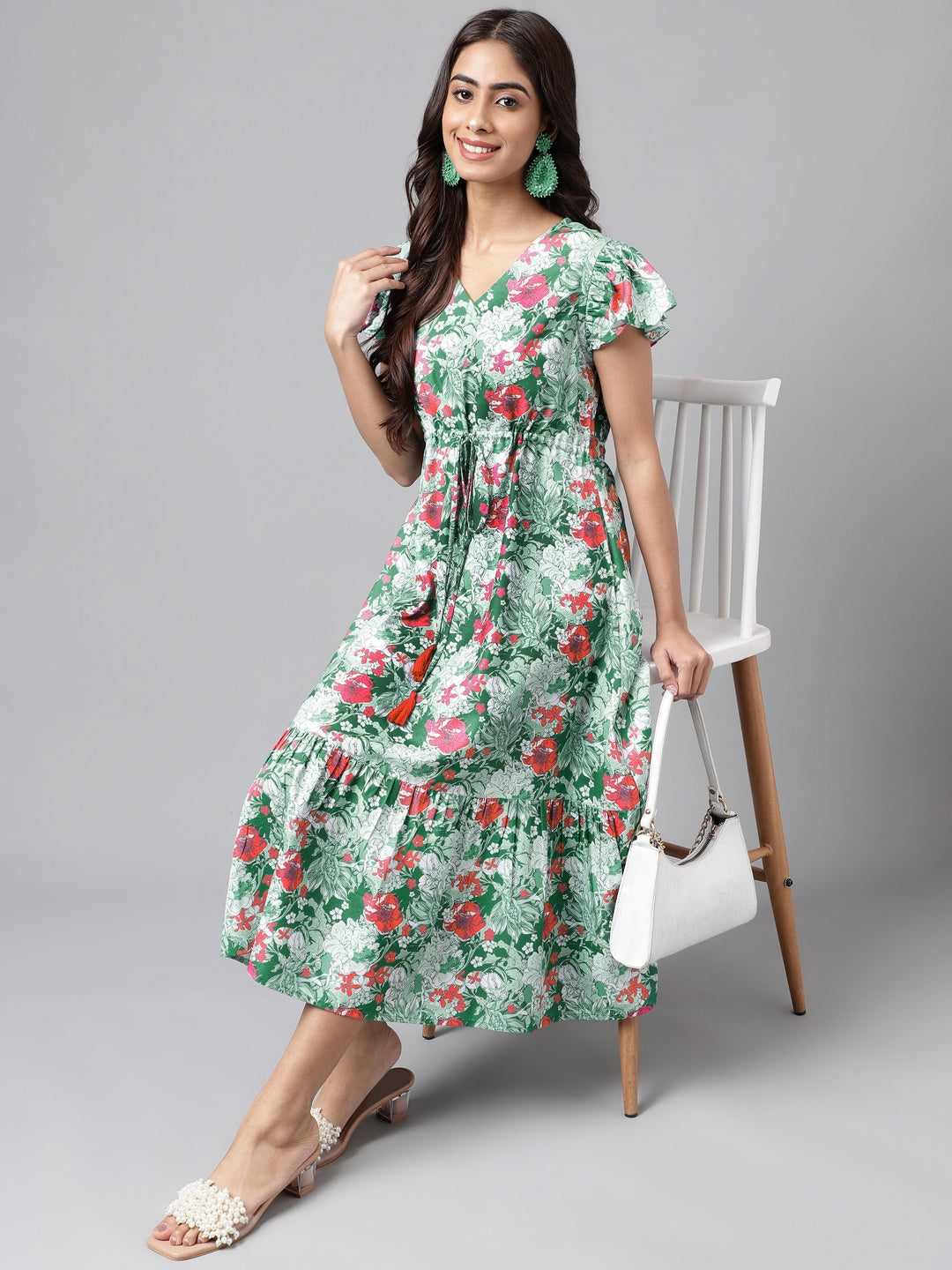 Green Moss Digital Floral Printed A-line Dress