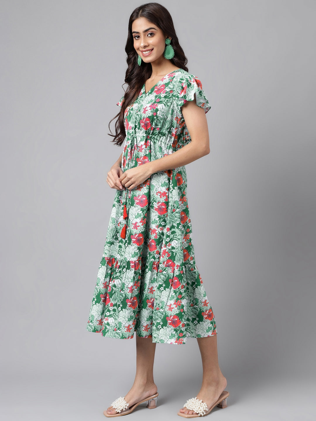 Green Moss Digital Floral Printed A-line Dress