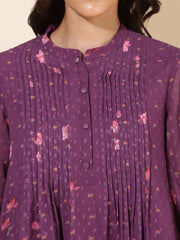 Purple Dobby Georgette Floral Print A-Line Top