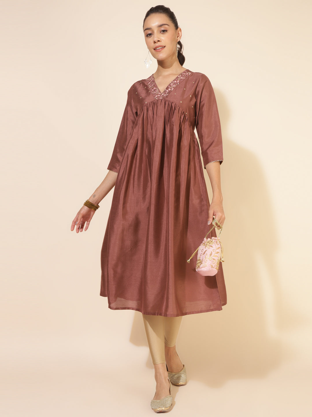 Brown Silk Blend Embellished Empire Kurta