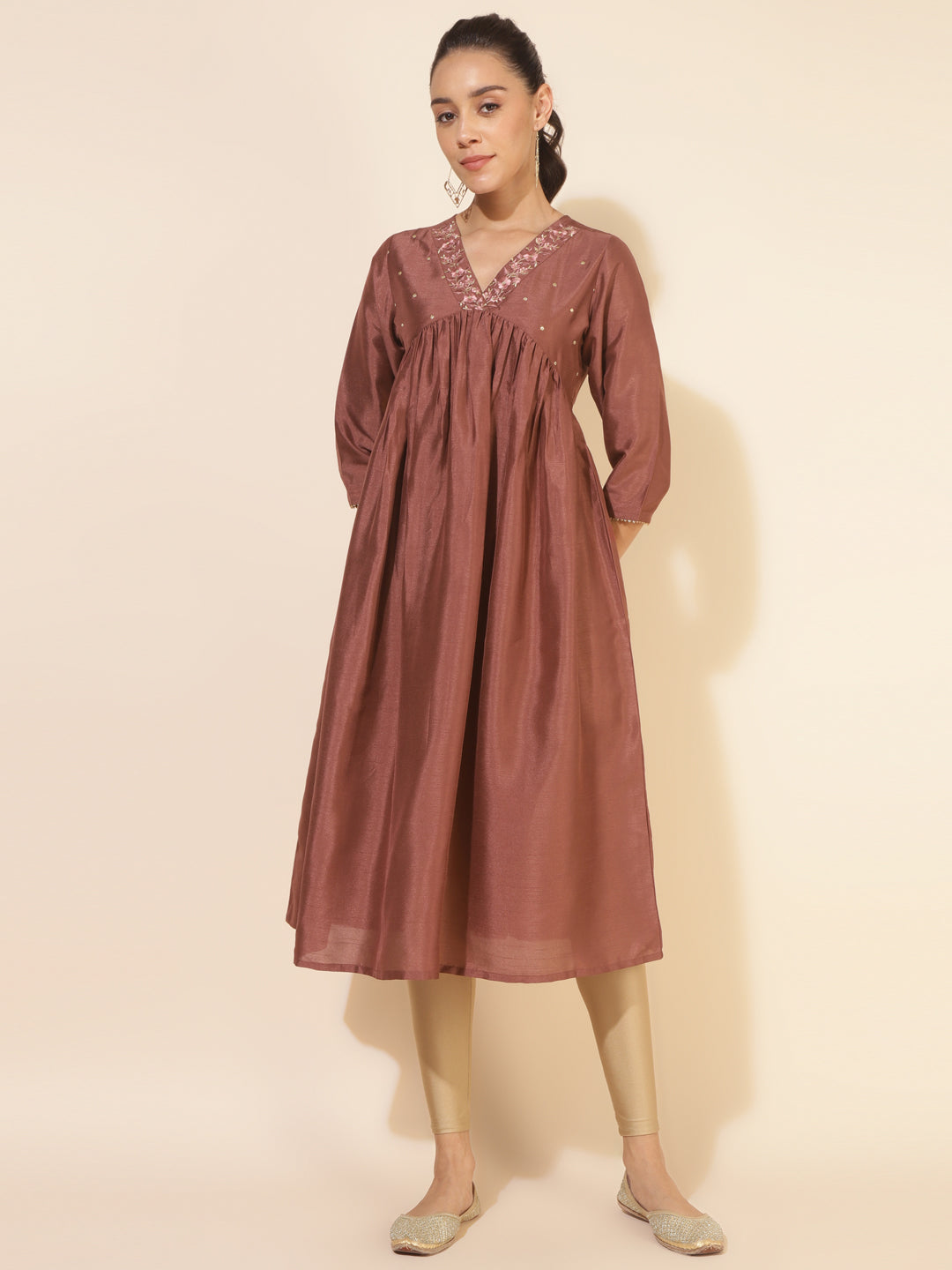 Brown Silk Blend Embellished Empire Kurta