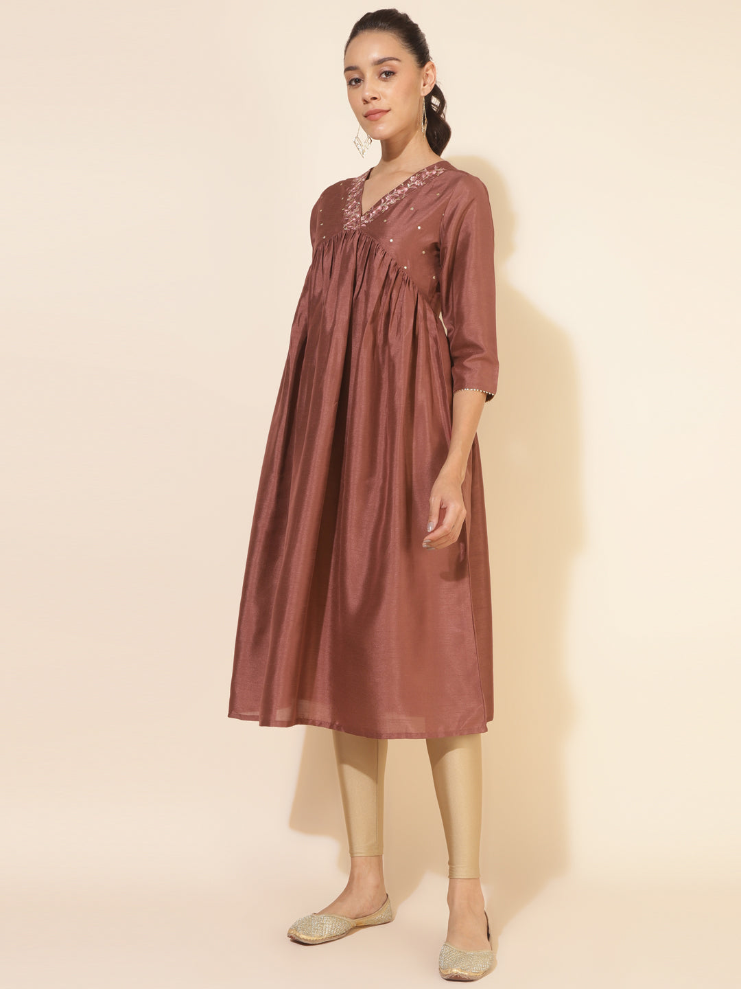 Brown Silk Blend Embellished Empire Kurta