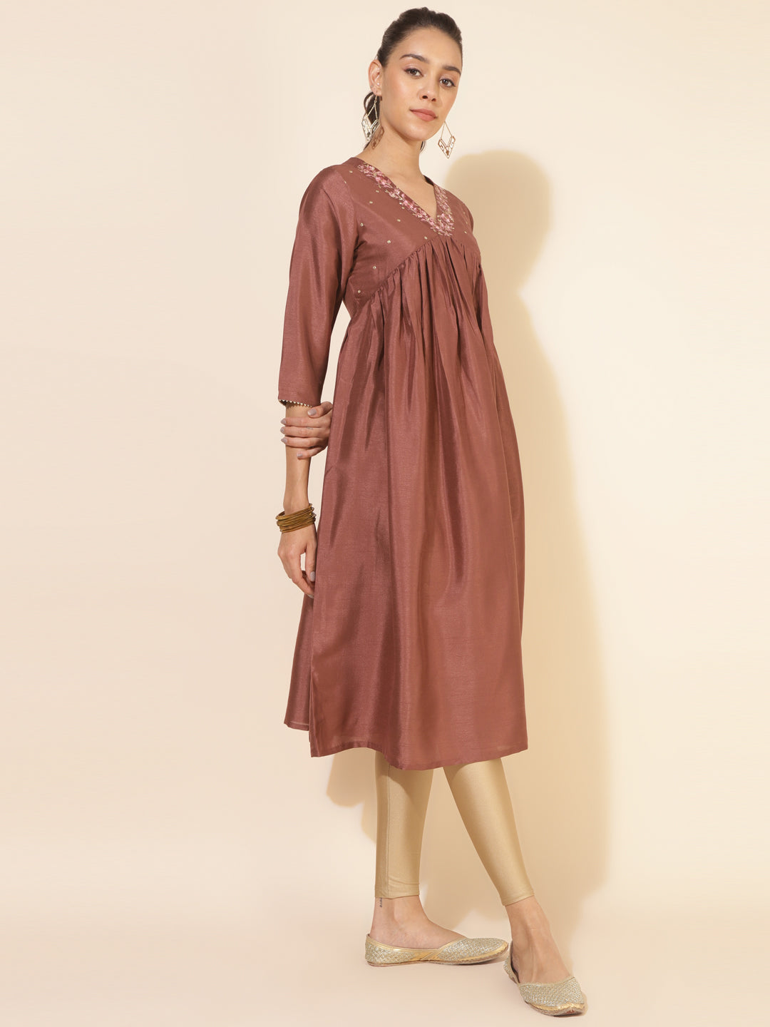 Brown Silk Blend Embellished Empire Kurta