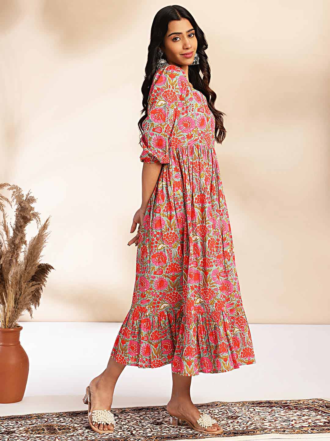 Multicolor Cotton Floral Printed Flared Dress
