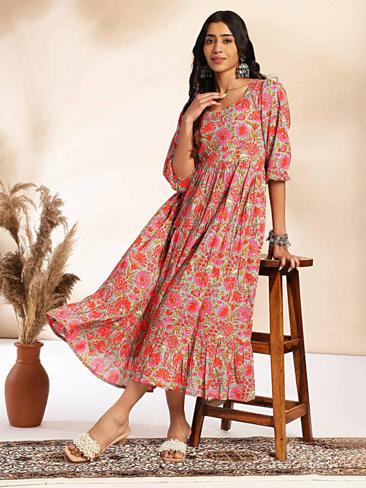 Multicolor Cotton Floral Printed Flared Dress