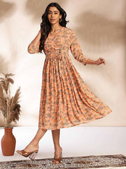 Peach Georgette Floral Fit & Flare Dress