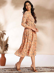 Peach Georgette Floral Fit & Flare Dress