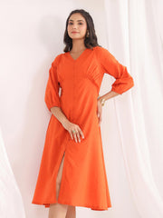 Orange Dobby Cotton Woven Design A-Line Dress