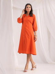 Orange Dobby Cotton Woven Design A-Line Dress