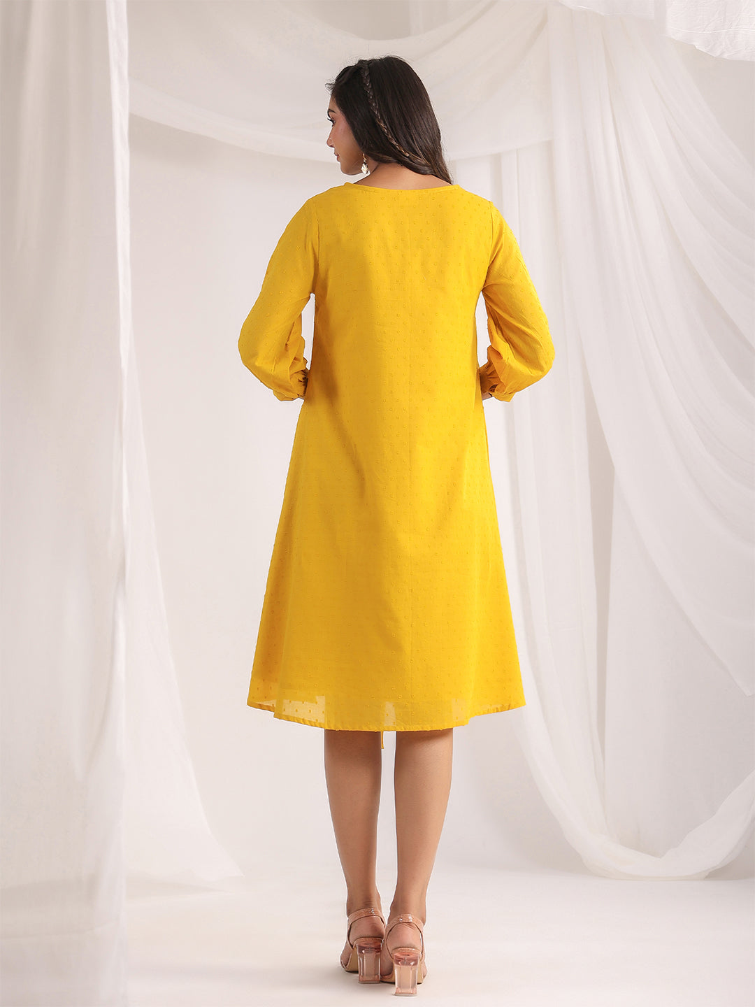 Yellow Dobby Cotton Self Design A-Line Dress