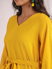 Yellow Dobby Cotton Self Design A-Line Dress