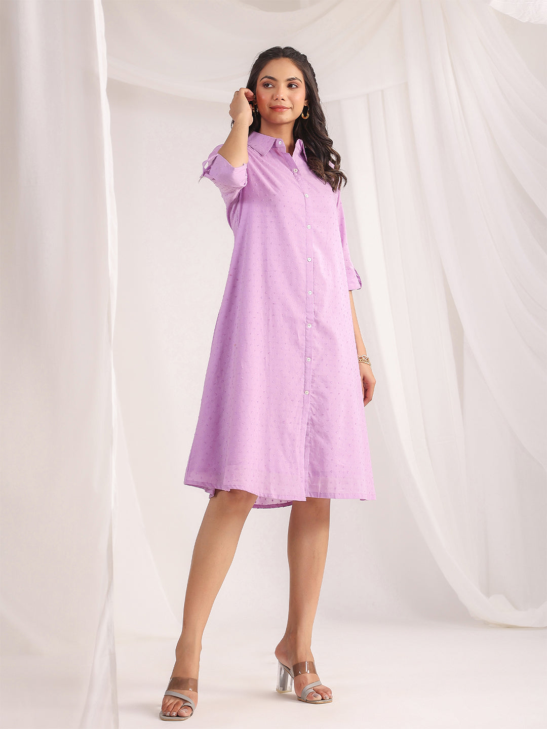 Lavender Dobby Cotton Woven Design A-Line Dress