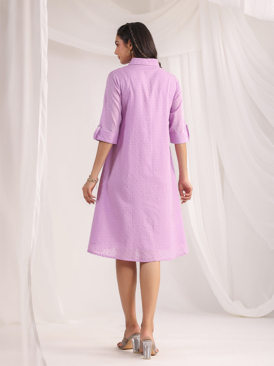 Lavender Dobby Cotton Woven Design A-Line Dress