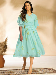 Sea Green Dobby Georgette Tie-Dye Fit & Flare Dress