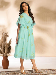 Sea Green Dobby Georgette Tie-Dye Fit & Flare Dress