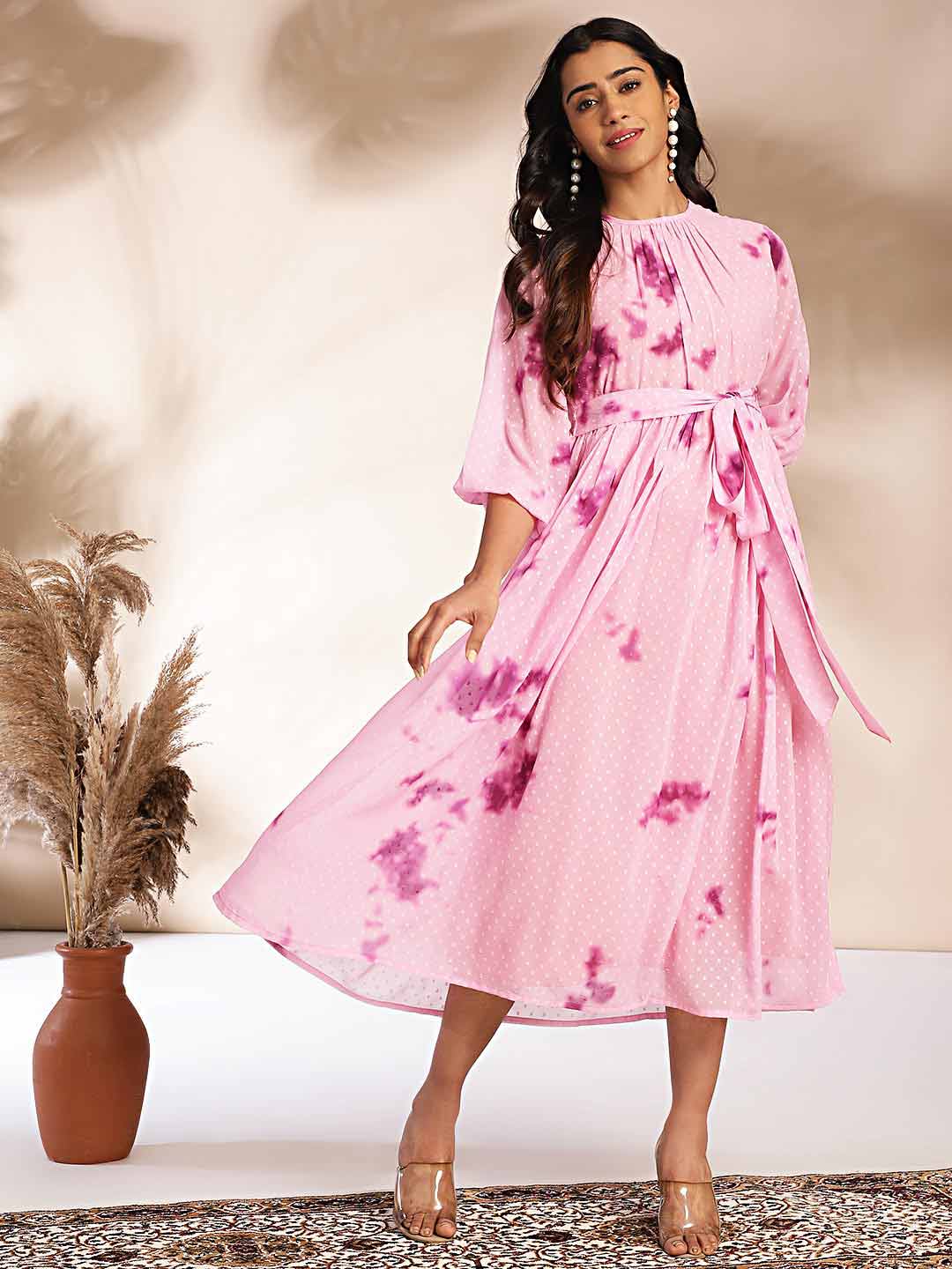 Pink Dobby Georgette Tie-Dye Fit & Flare Dress