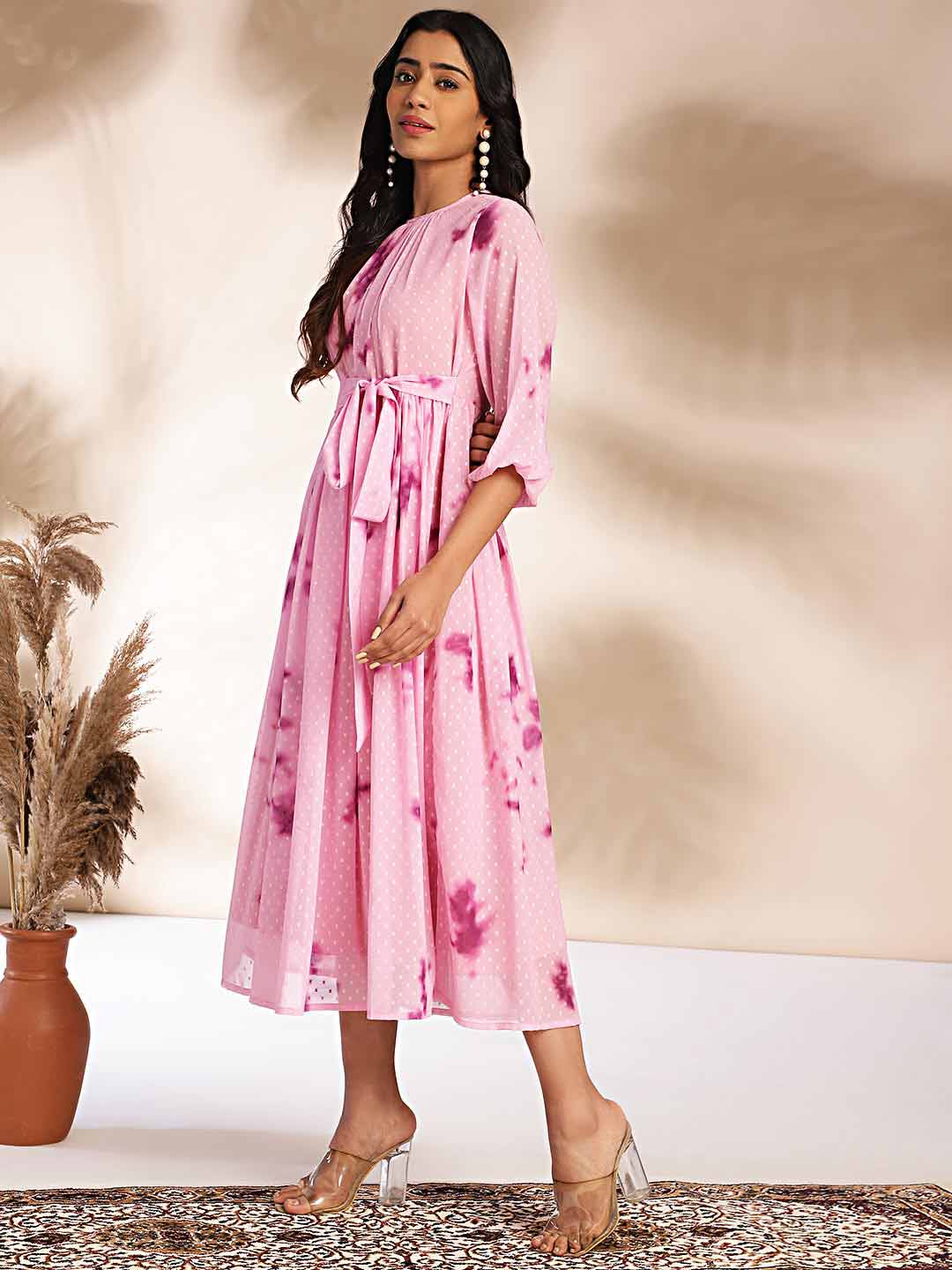 Pink Dobby Georgette Tie-Dye Fit & Flare Dress