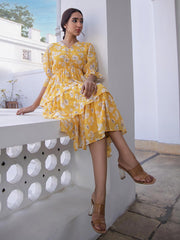 Yellow Georgette Floral Layered Dress