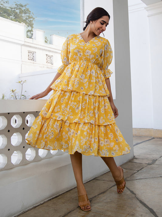 Yellow Georgette Floral Layered Dress
