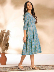 Light Blue Cotton Floral Fit & Flare Dress
