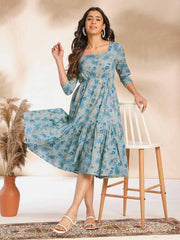 Light Blue Cotton Floral Fit & Flare Dress
