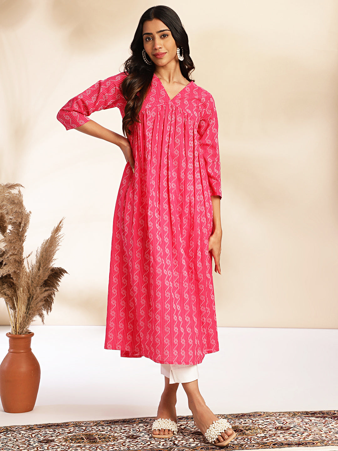 Pink Cotton Woven Design Gathered Kurta