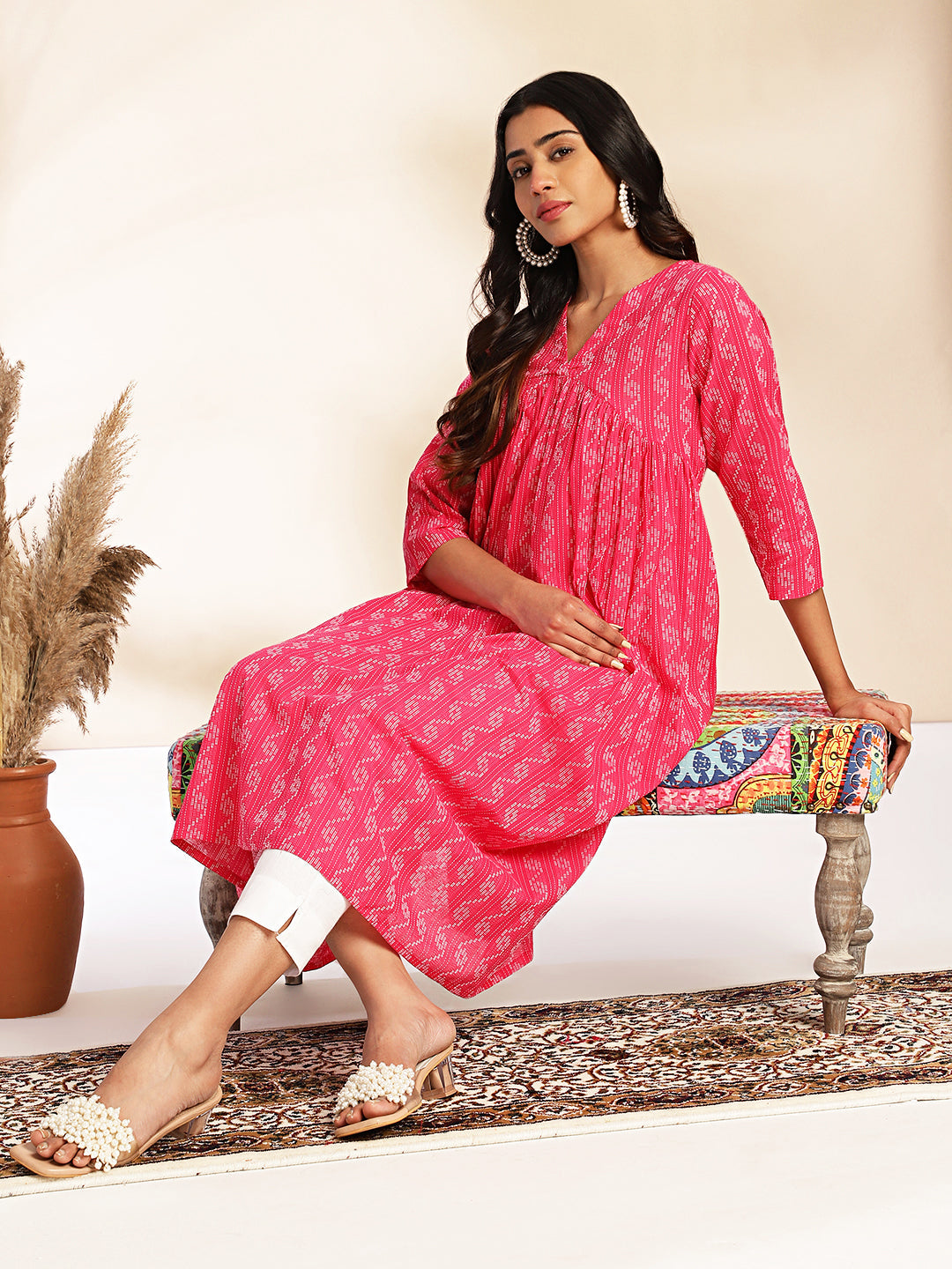 Pink Cotton Woven Design Gathered Kurta