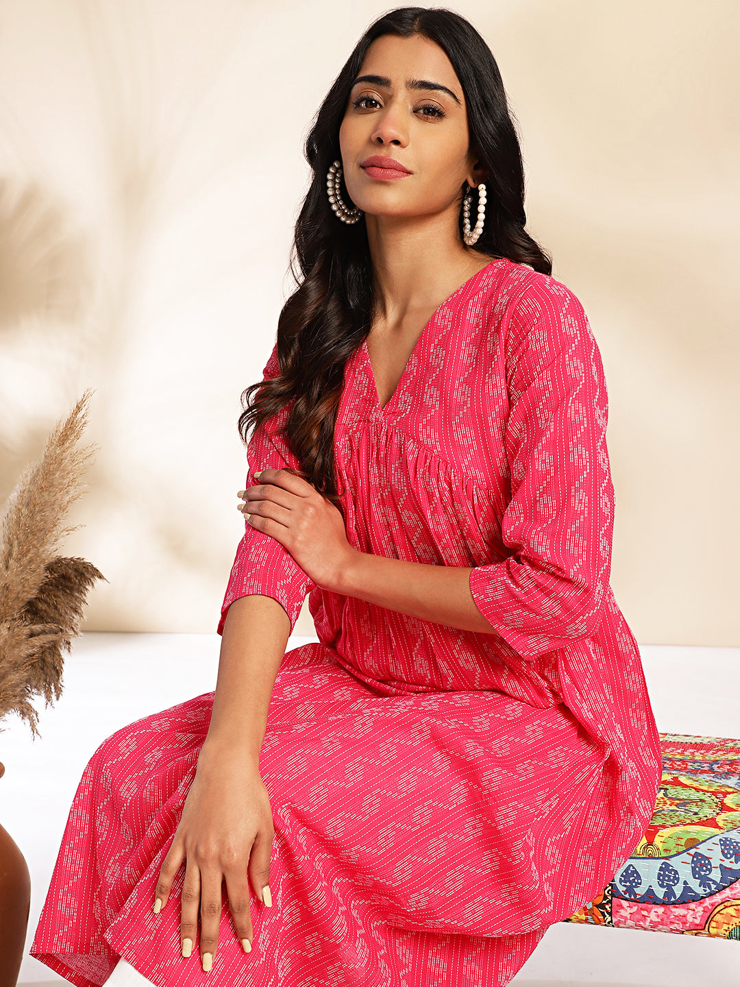 Pink Cotton Woven Design Gathered Kurta