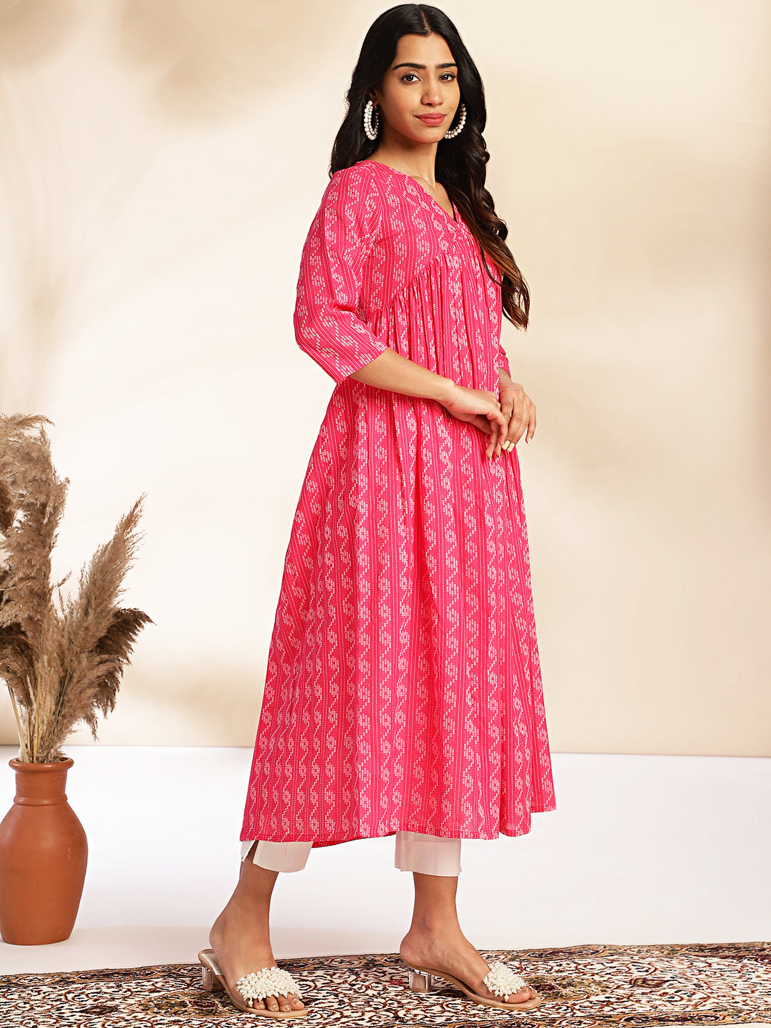 Pink Cotton Woven Design Gathered Kurta