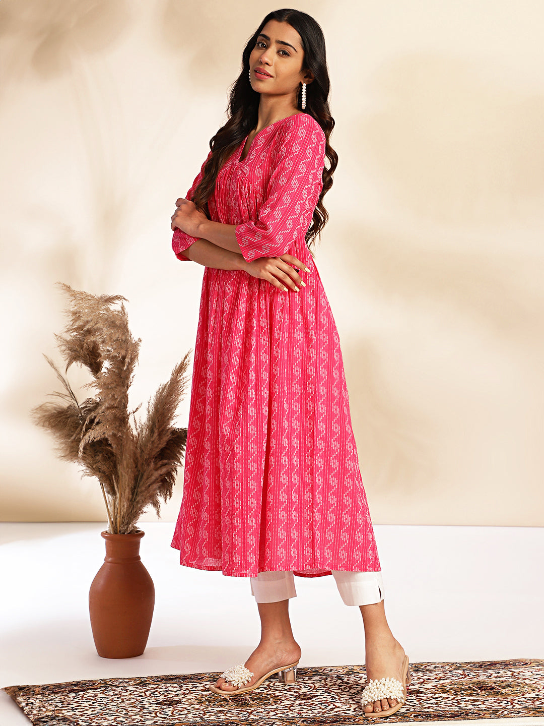 Pink Cotton Woven Design Gathered Kurta