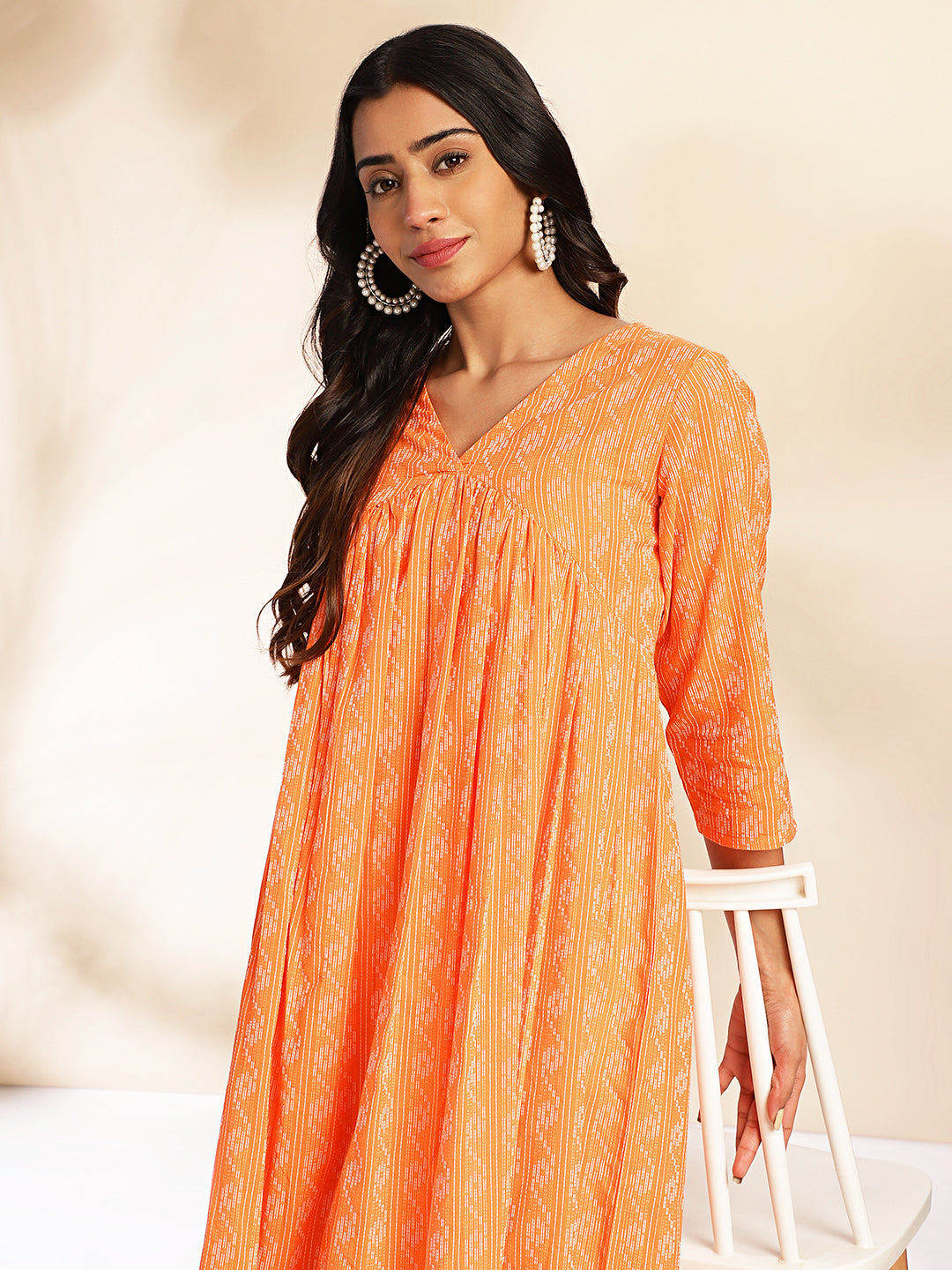 Orange Cotton Woven Design Gathered Kurta