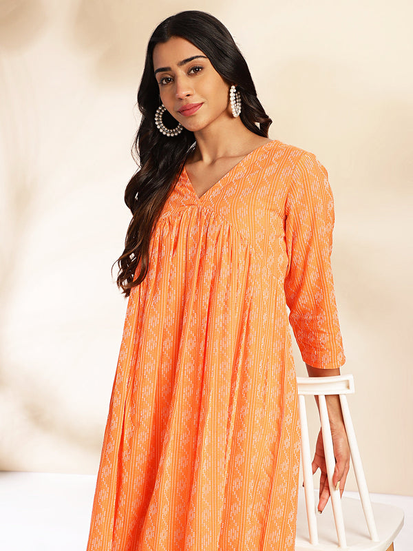 Orange Cotton Woven Design Tiered Western Dress