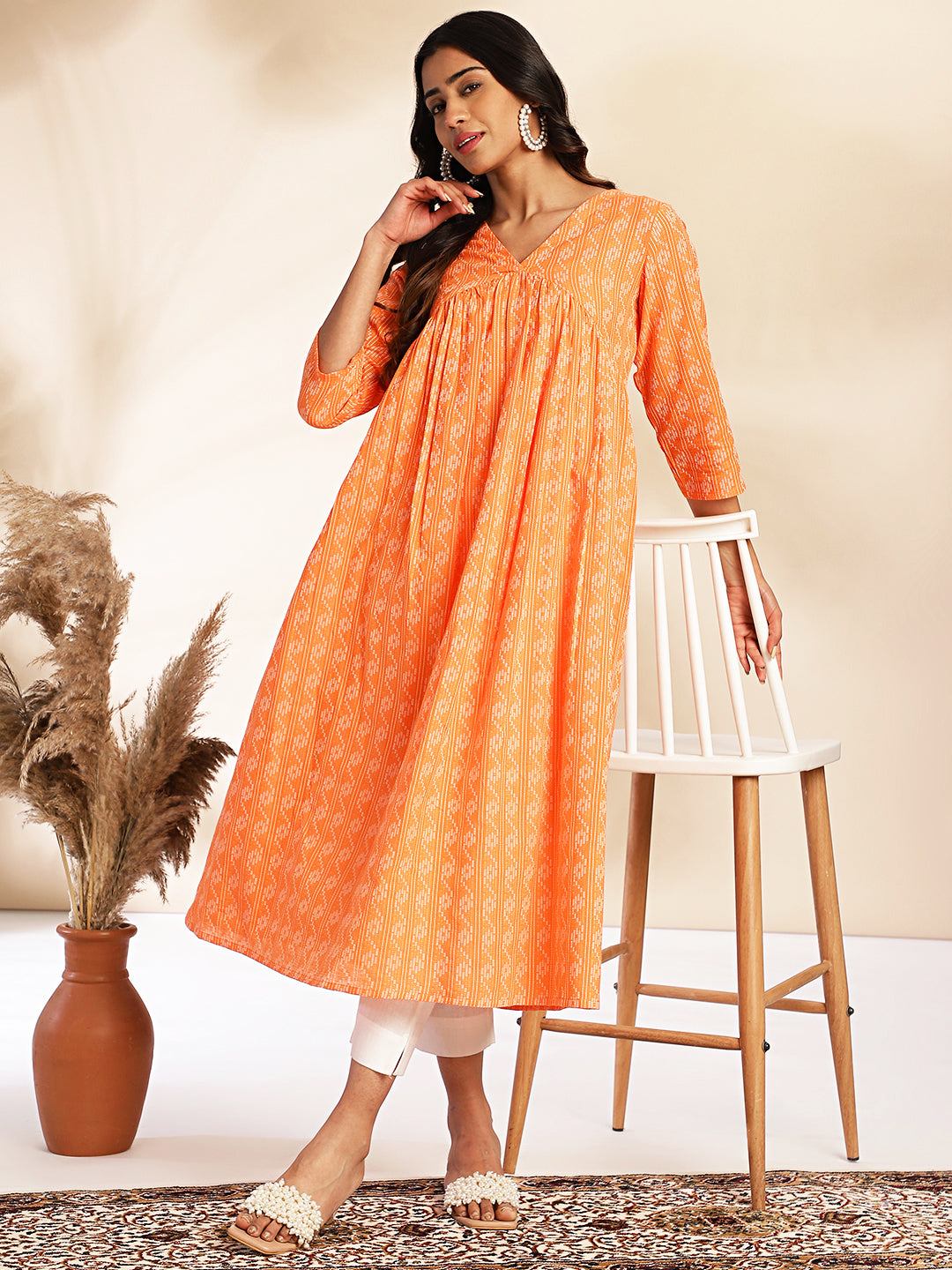 Orange Cotton Woven Design Gathered Kurta