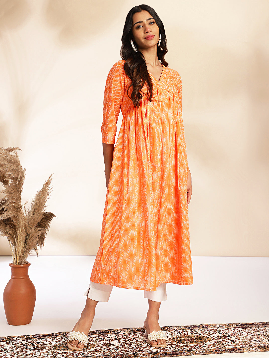 Orange Cotton Woven Design Gathered Kurta