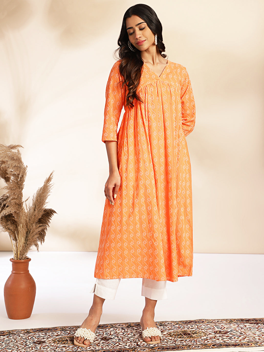 Orange Cotton Woven Design Gathered Kurta