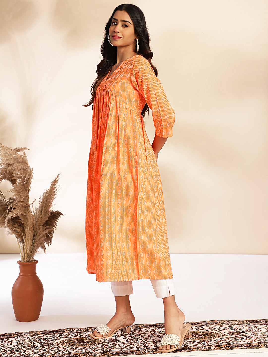 Orange Cotton Woven Design Gathered Kurta