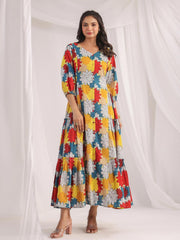 Multicolour Cotton Floral Panelled Flared Dress