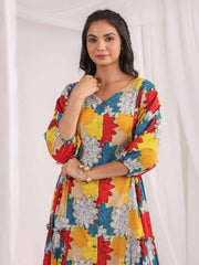 Multicolour Cotton Floral Panelled Flared Dress