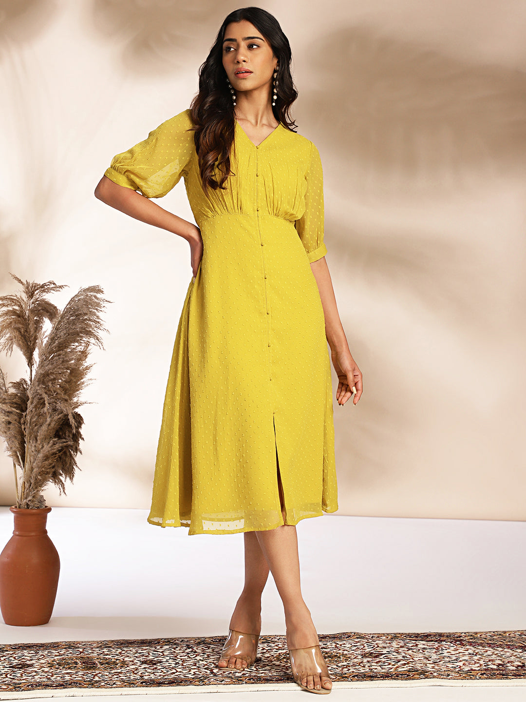 Mustard Dobby Chiffon Woven Design A-Line Dress