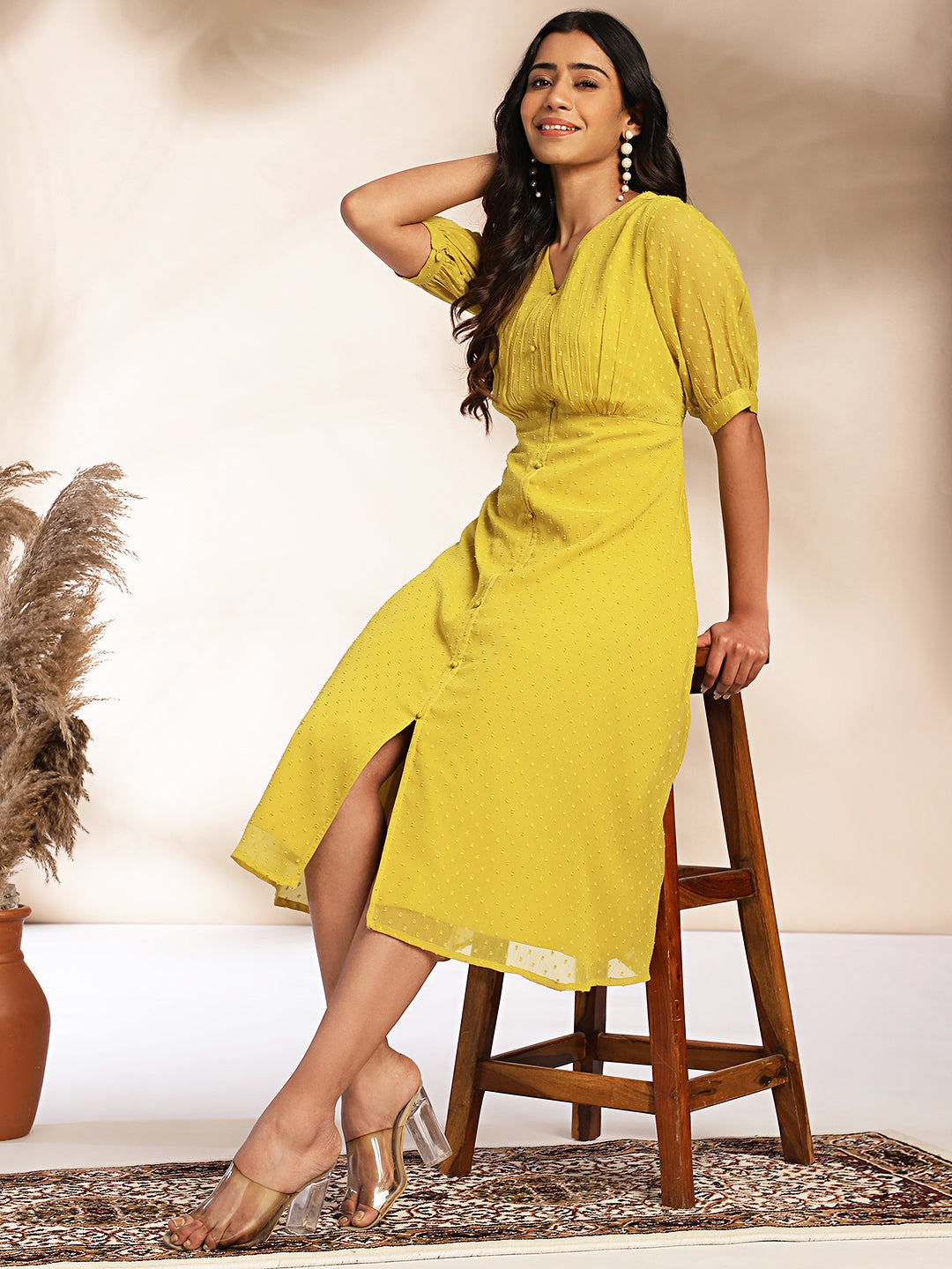 Mustard Dobby Chiffon Woven Design A-Line Dress