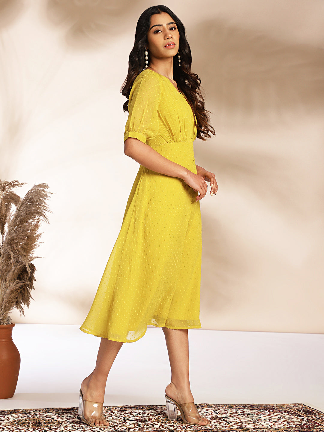 Mustard Dobby Chiffon Woven Design A-Line Dress