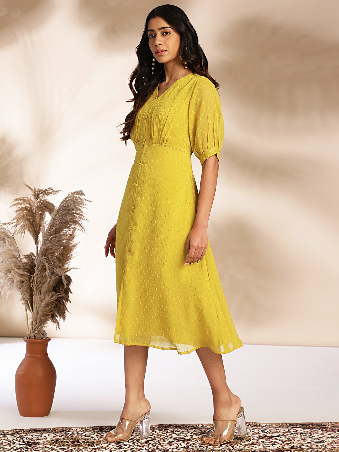 Mustard Dobby Chiffon Woven Design A-Line Dress