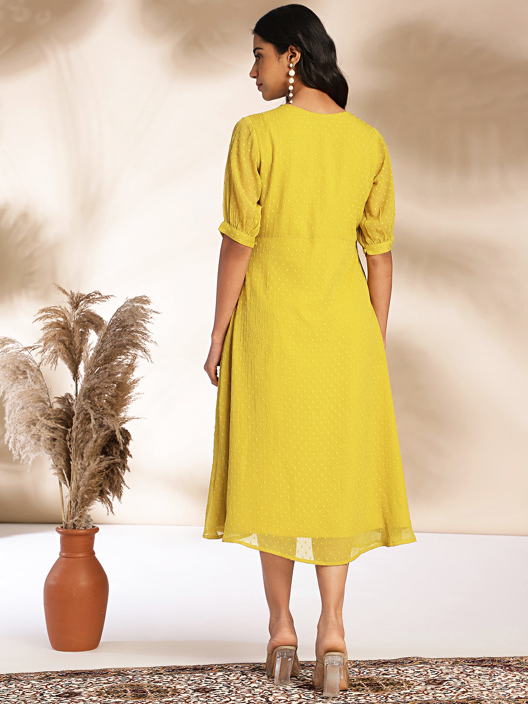 Mustard Dobby Chiffon Woven Design A-Line Dress