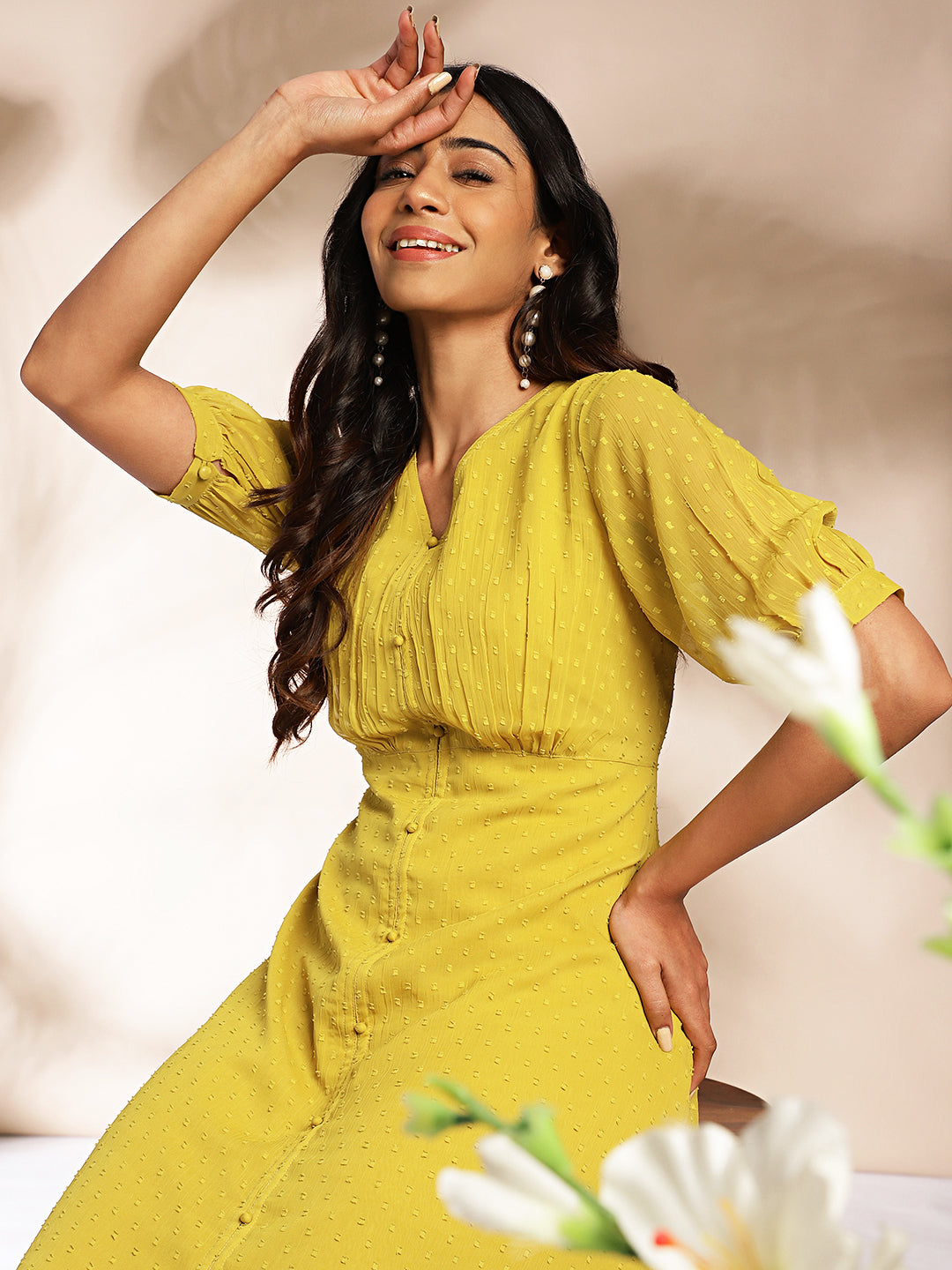 Mustard Dobby Chiffon Woven Design A-Line Dress