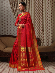 Janasya Women's Red Silk Cotton Woven Design  Saree with Blouse Piece Janasya